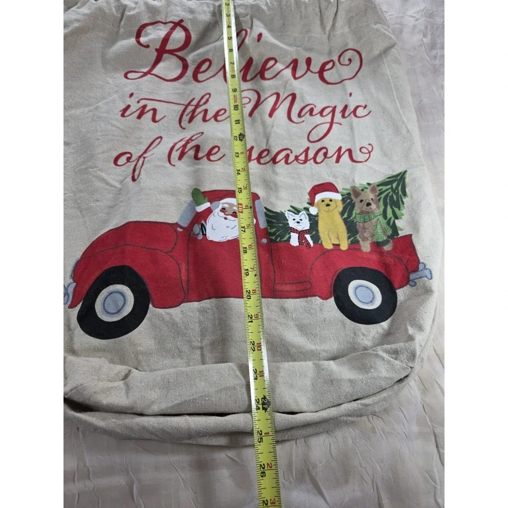 Christmas Santa Sack Red Truck Dogs Believe Magic Season Burlap Drawstring Bag
